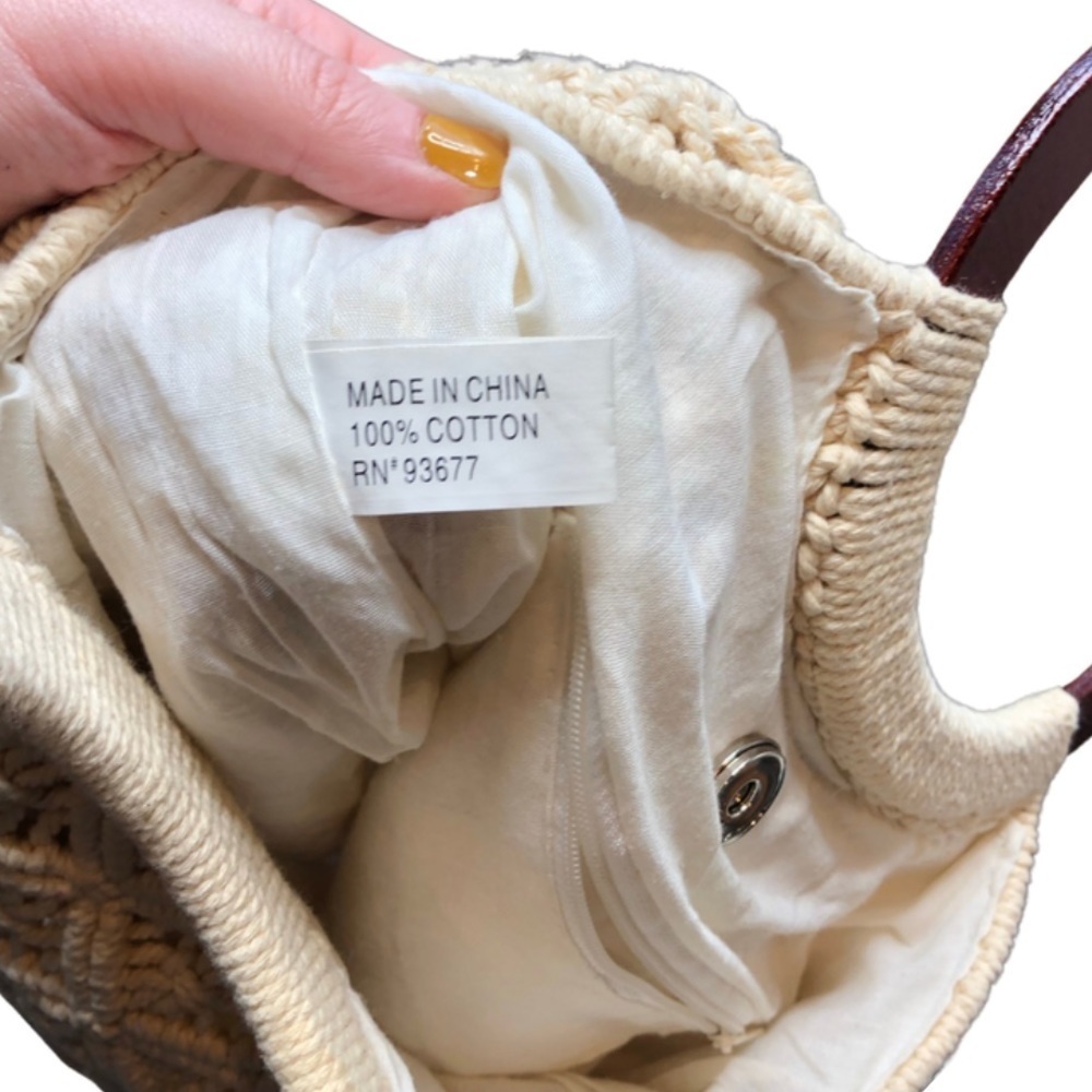 Bohemian Macrame Tote Bag Wooden Ring Handles Cream Knitted Shoulder Bag - Picture 12 of 13